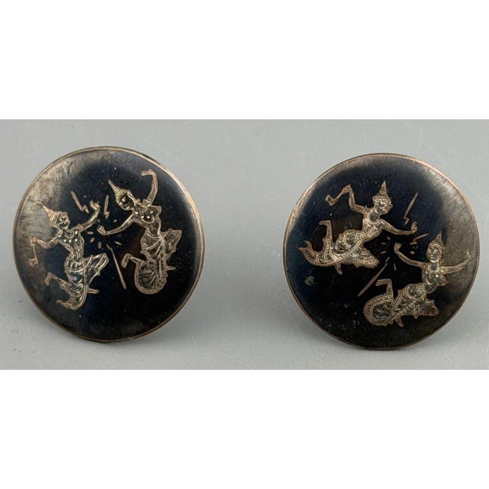 Vintage Siam Sterling Silver Cuff Links Niello Dancer Round 1.25"